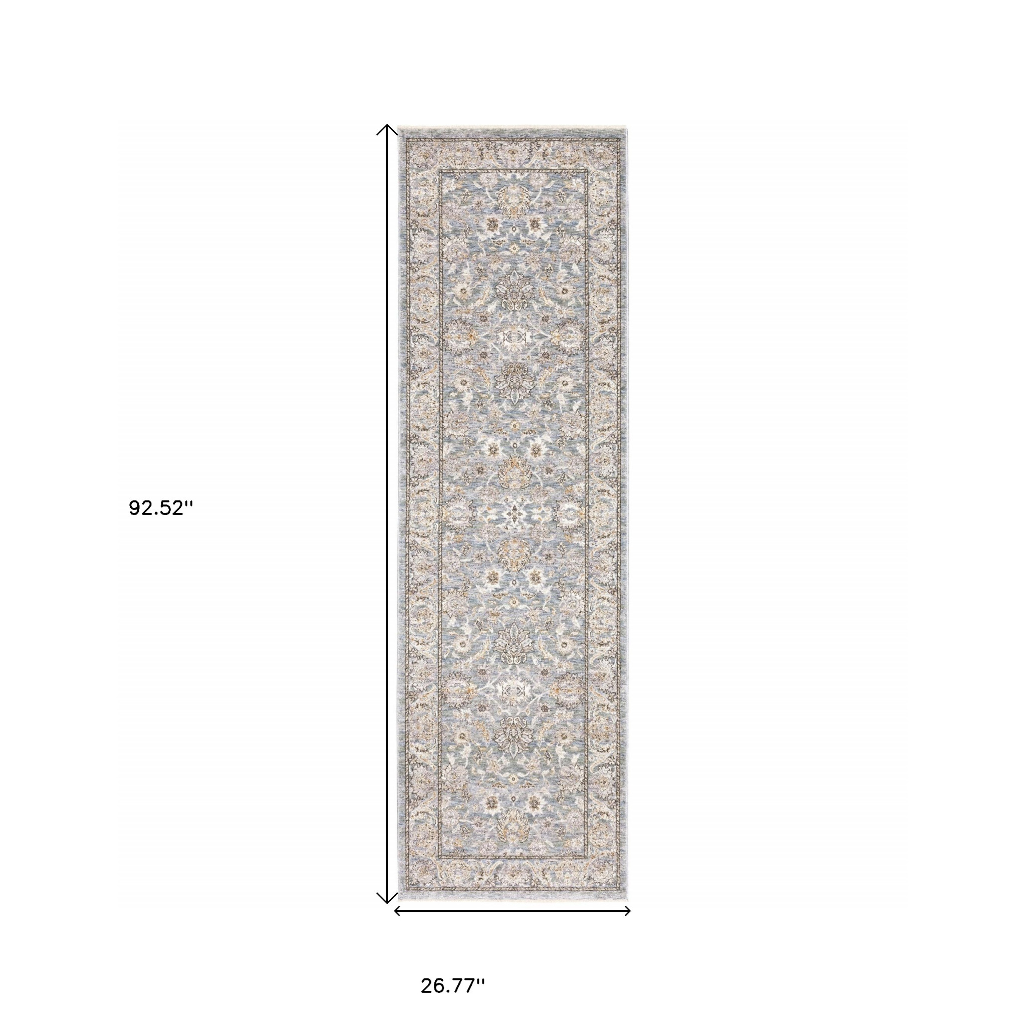 8" Blue Ivory Machine Woven Floral Oriental Indoor Runner