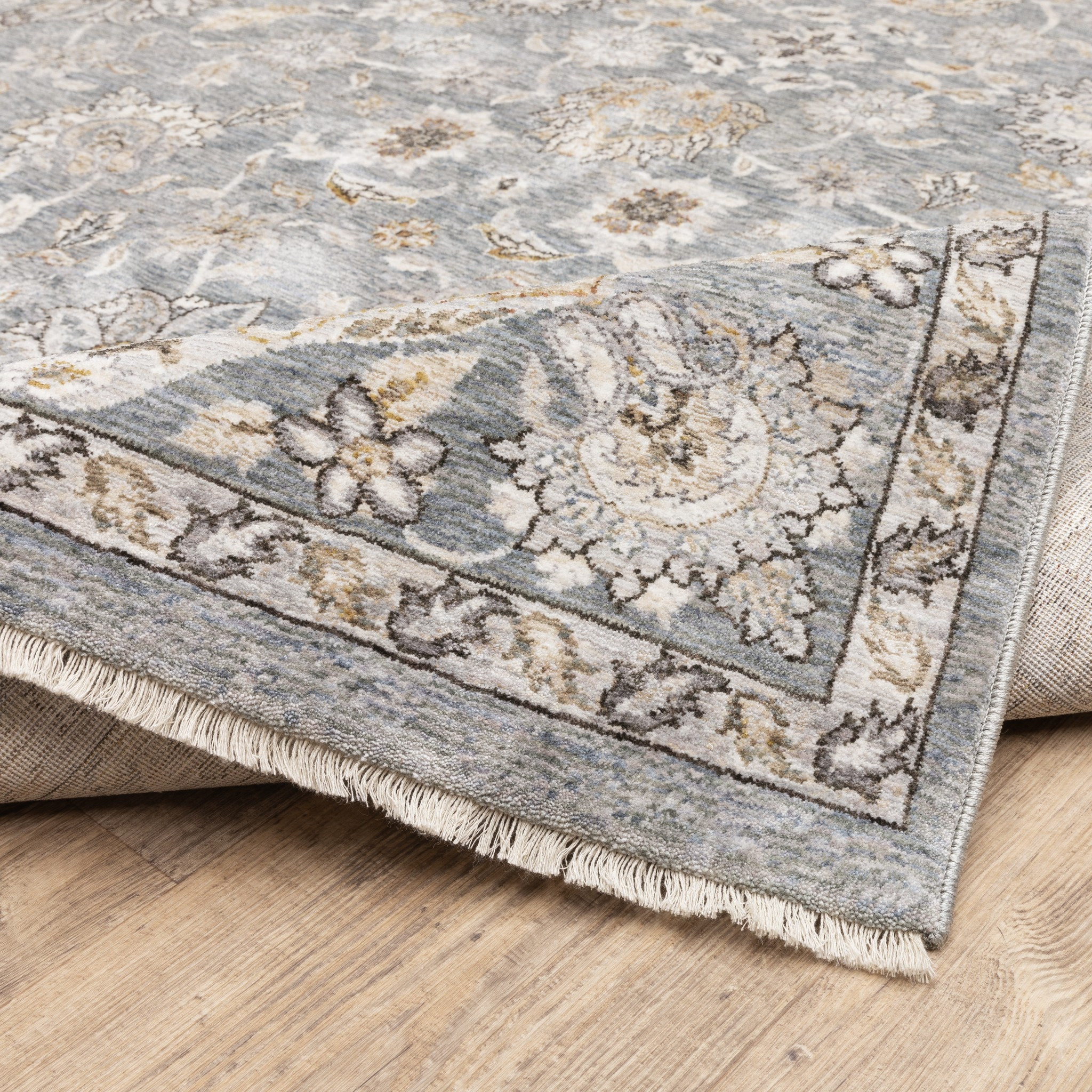 8" Blue Ivory Machine Woven Floral Oriental Indoor Runner