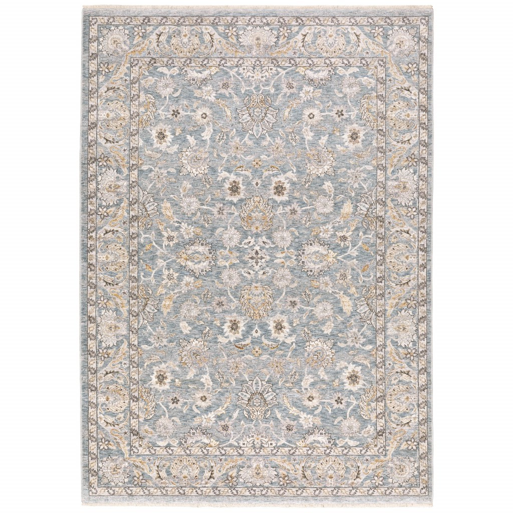 6" X 9" Blue Ivory Machine Woven Floral Oriental Indoor Area Rug