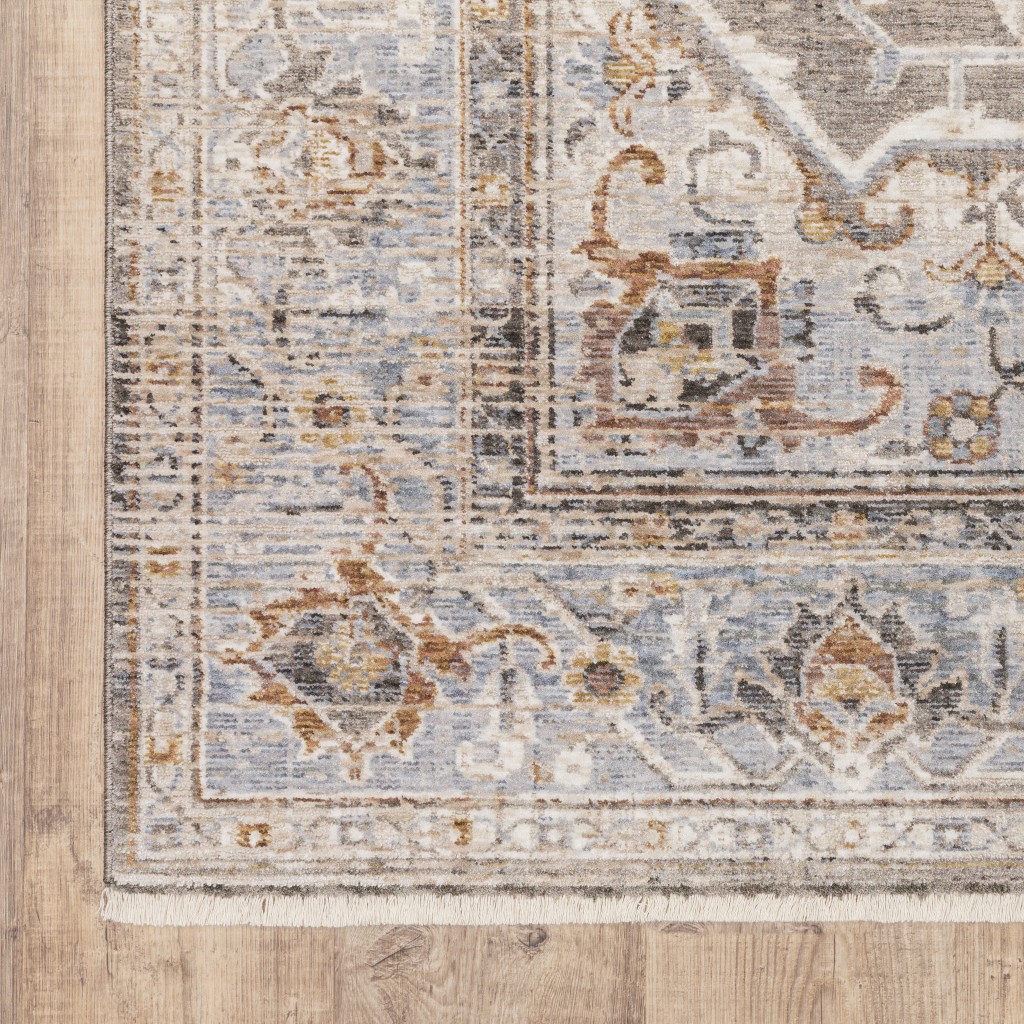 8" Grey Blue Machine Woven Medallion Indoor Runner Rug