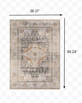 3" X 5" Grey Blue Machine Woven Medallion Indoor Area Rug