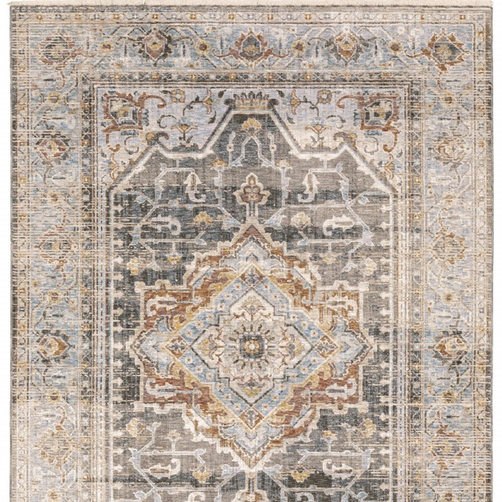 5" X 8" Grey Blue Machine Woven Medallion Indoor Area Rug