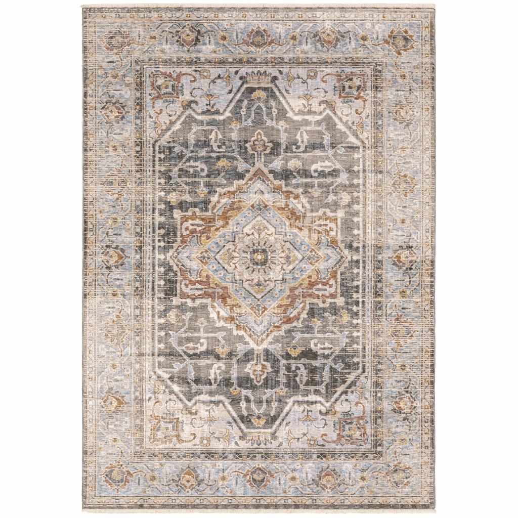 6" X 9" Grey Blue Machine Woven Medallion Indoor Area Rug