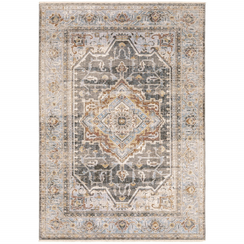 7" X 10" Grey Blue Machine Woven Medallion Indoor Area Rug