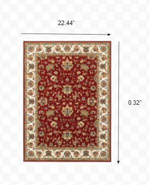 1" X 3" Red Ivory Machine Woven Floral Oriental Indoor Area Rug