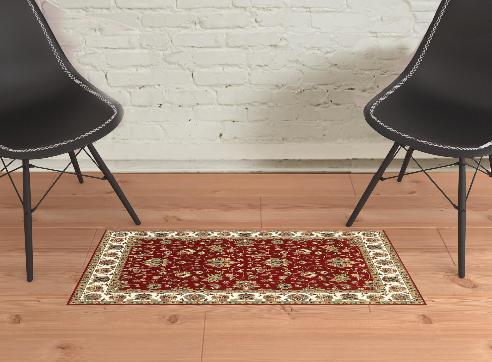 1" X 3" Red Ivory Machine Woven Floral Oriental Indoor Area Rug