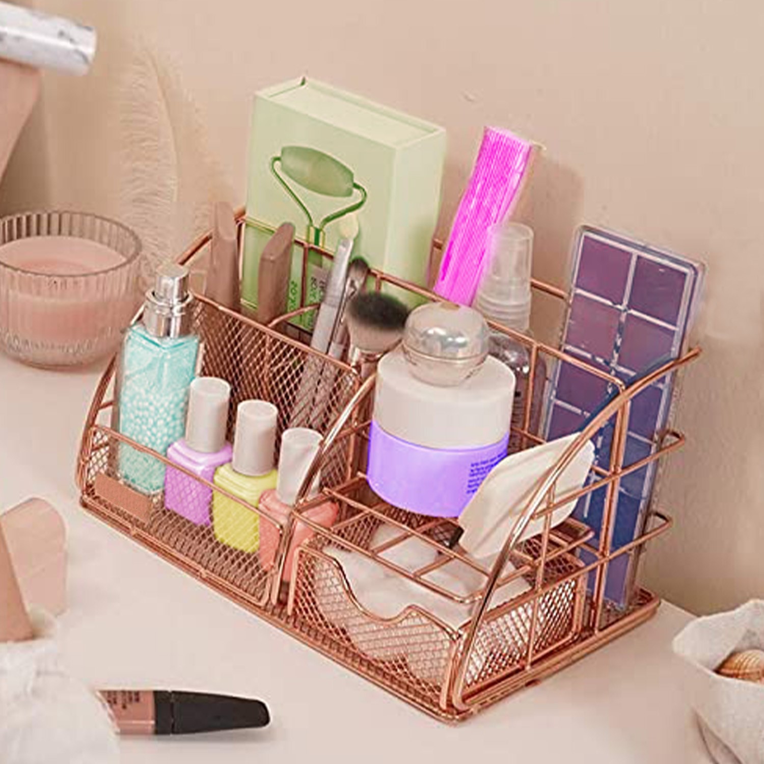 Stylish Rose Gold Makeup and Skin Care Organizer for Vanity