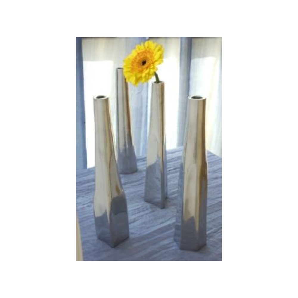 Set of 4 Modern Silver Mirror Finish Narrow Flower Vases