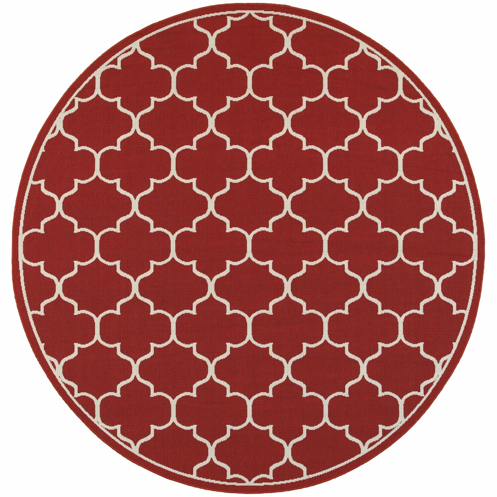 8' x 8' Red and Ivory Round Indoor Outdoor Area Rug-388664-1
