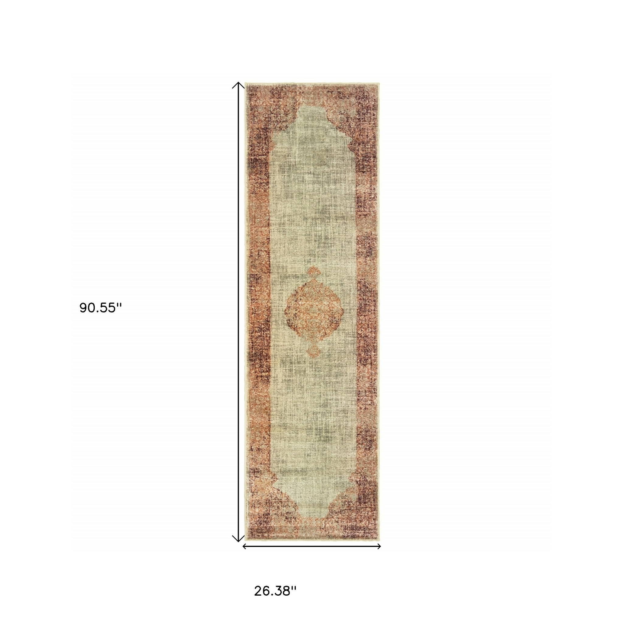 2" X 8" Ivory And Pink Medallion Runner Rug