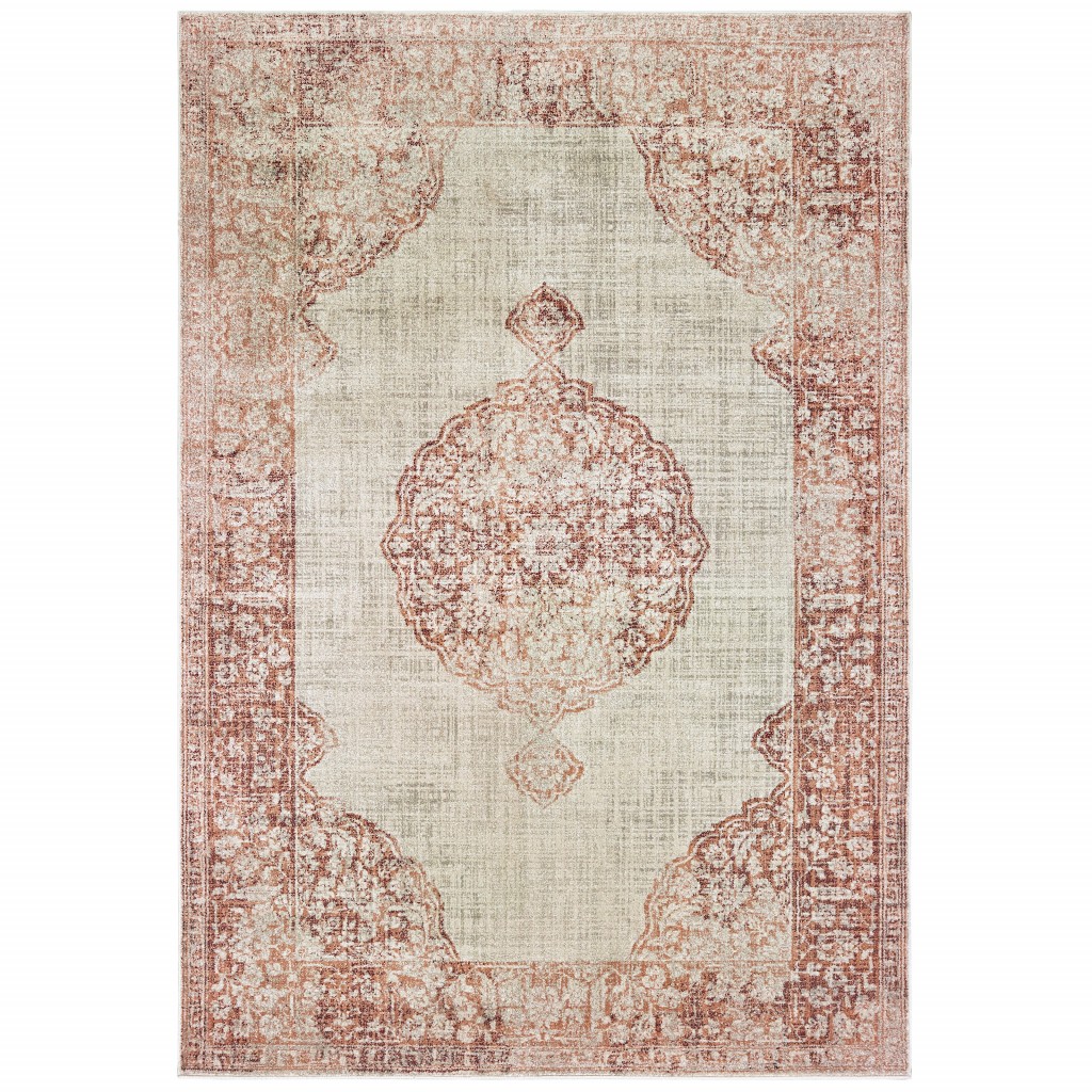 10" X 13" Ivory And Pink Medallion Area Rug