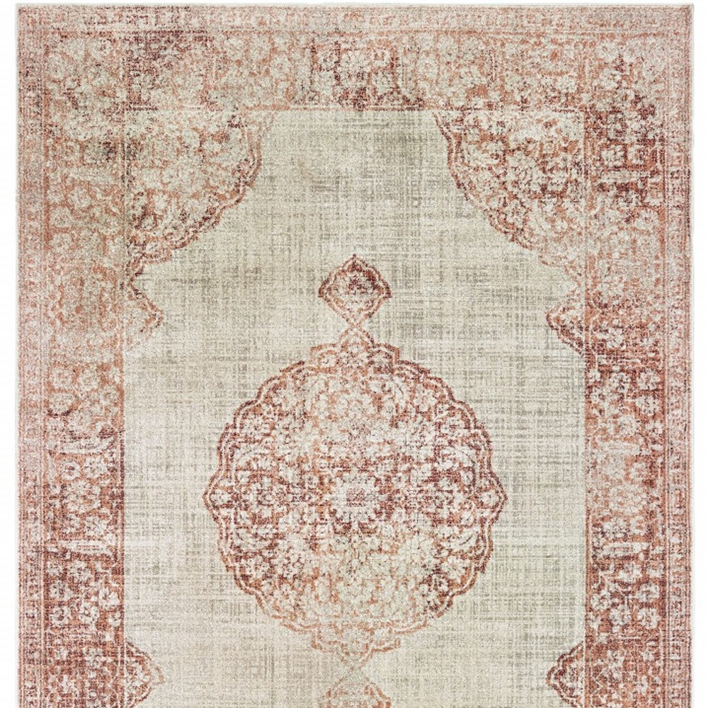 10" X 13" Ivory And Pink Medallion Area Rug