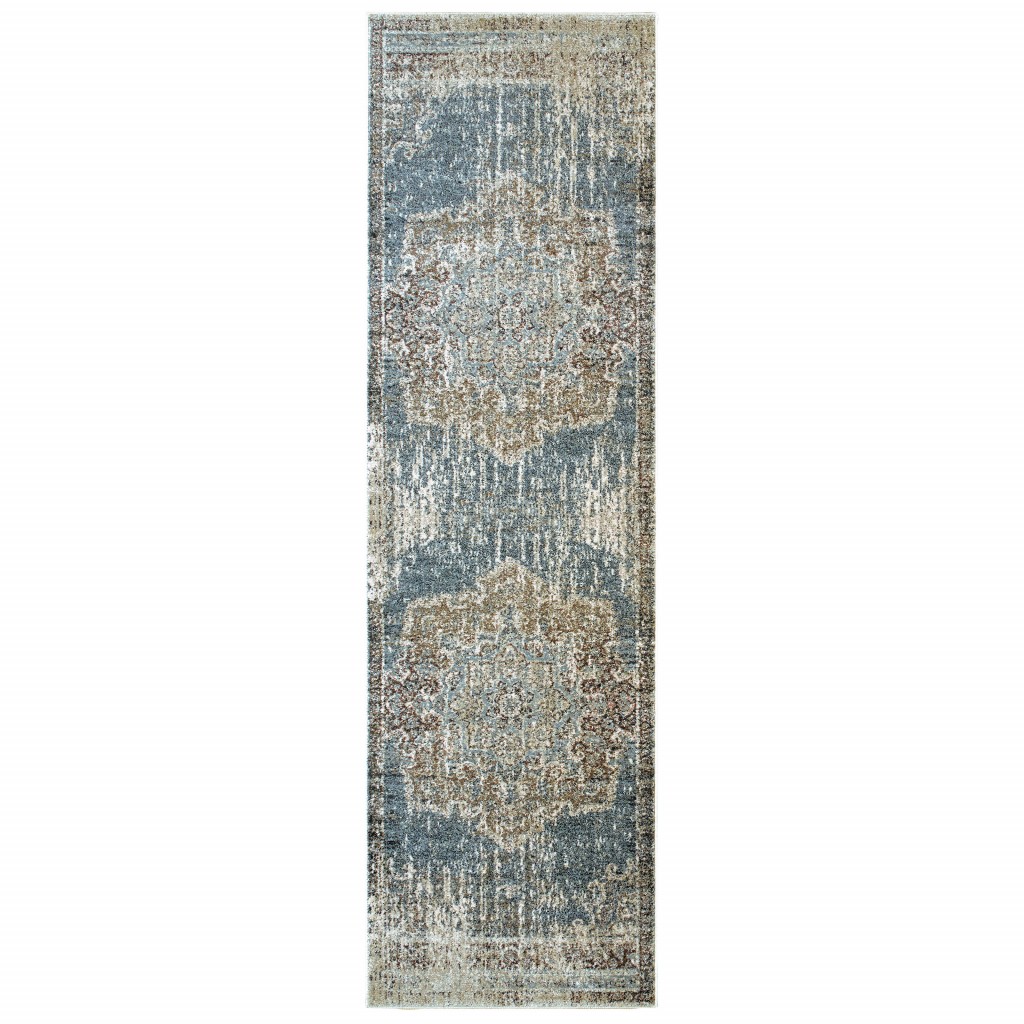 2" X 8" Blue And Ivory Medallion Runner Rug