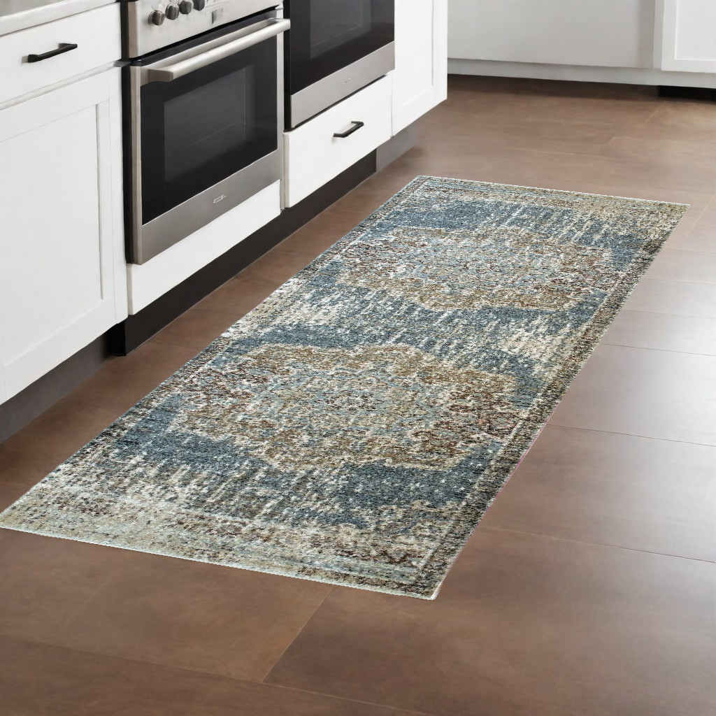 2" X 8" Blue And Ivory Medallion Runner Rug