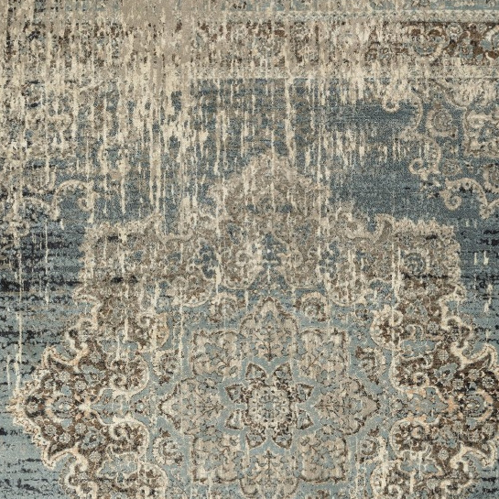 10" X 13" Blue And Ivory Medallion Area Rug