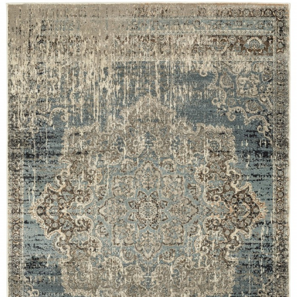 10" X 13" Blue And Ivory Medallion Area Rug