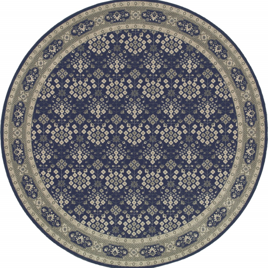 8’ Round Navy And Gray Floral Ditsy Area Rug-388745-1