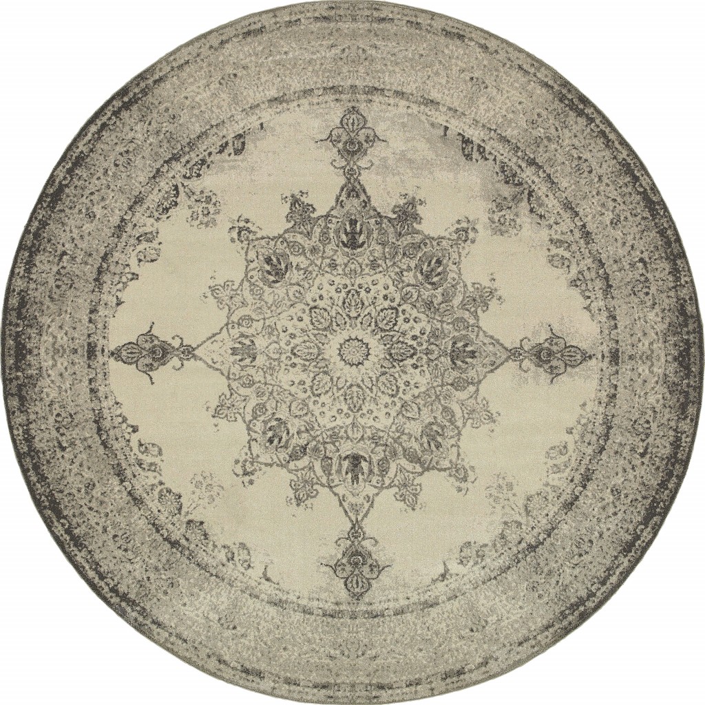 8’ Round Ivory And Gray Pale Medallion Area Rug-388753-1