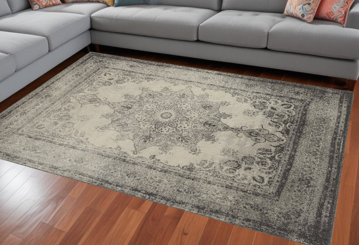 10' X 13' Ivory And Gray Pale Medallion Area Rug-388754-1