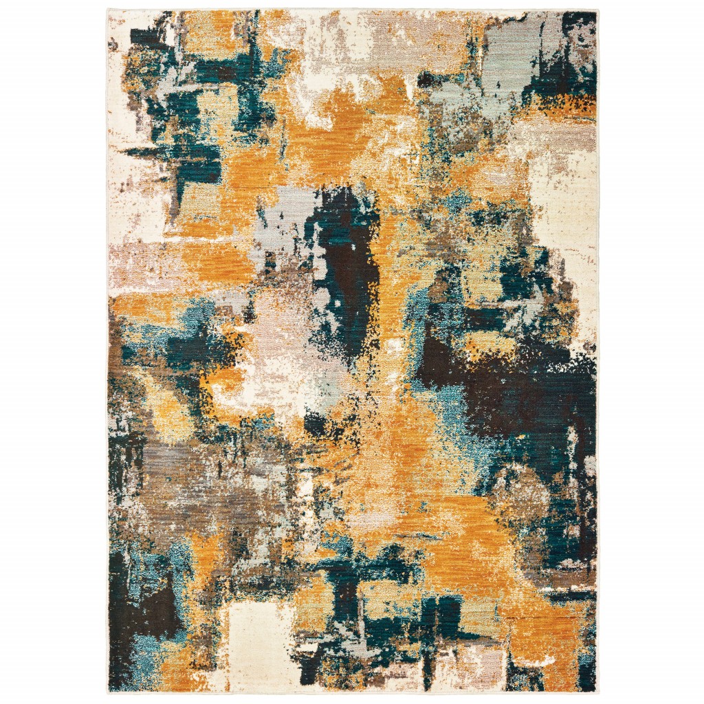 4’X6’ Blue And Gold Abstract Strokes Area Rug-388824-1