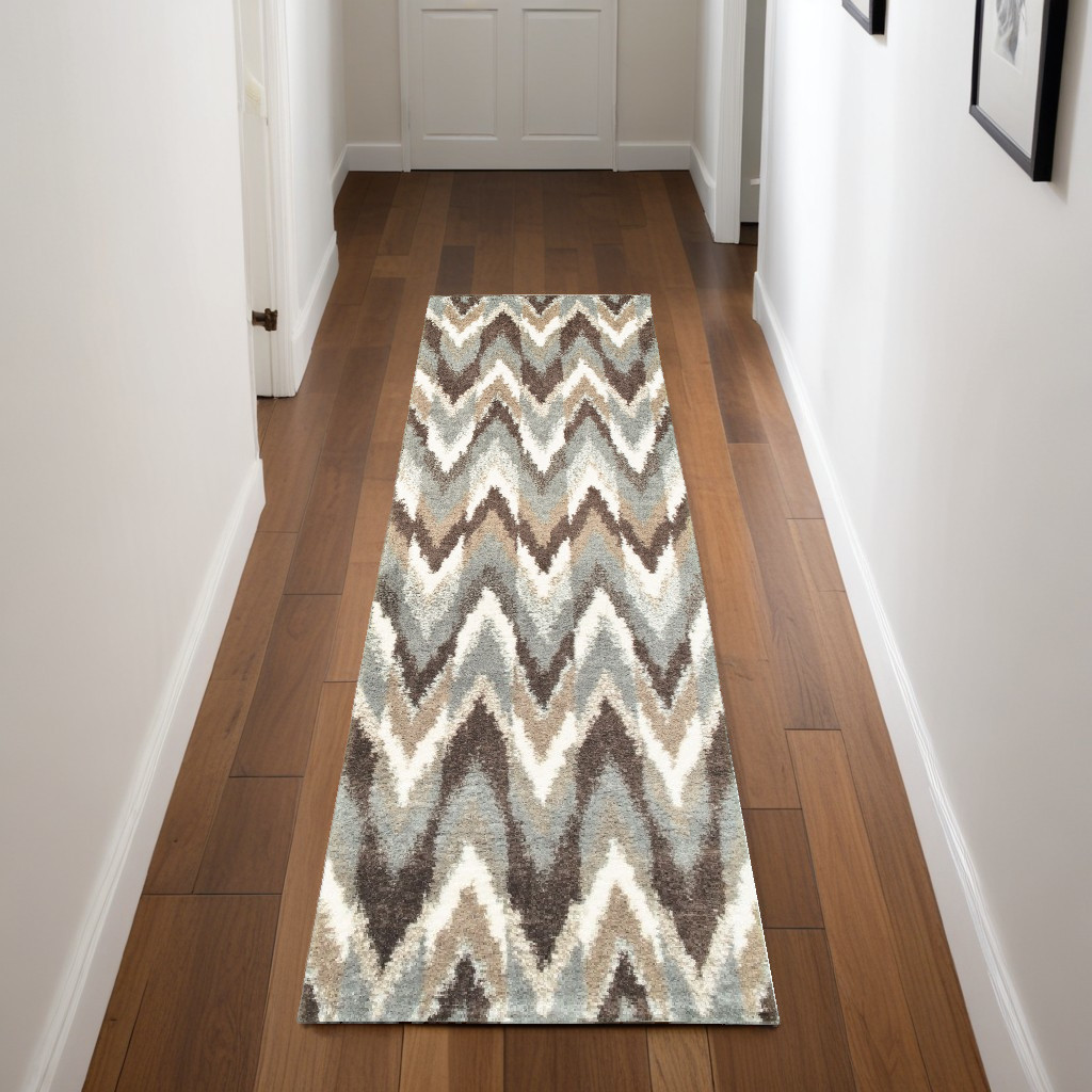 2" X 8" Gray And Taupe Ikat Pattern Runner Rug