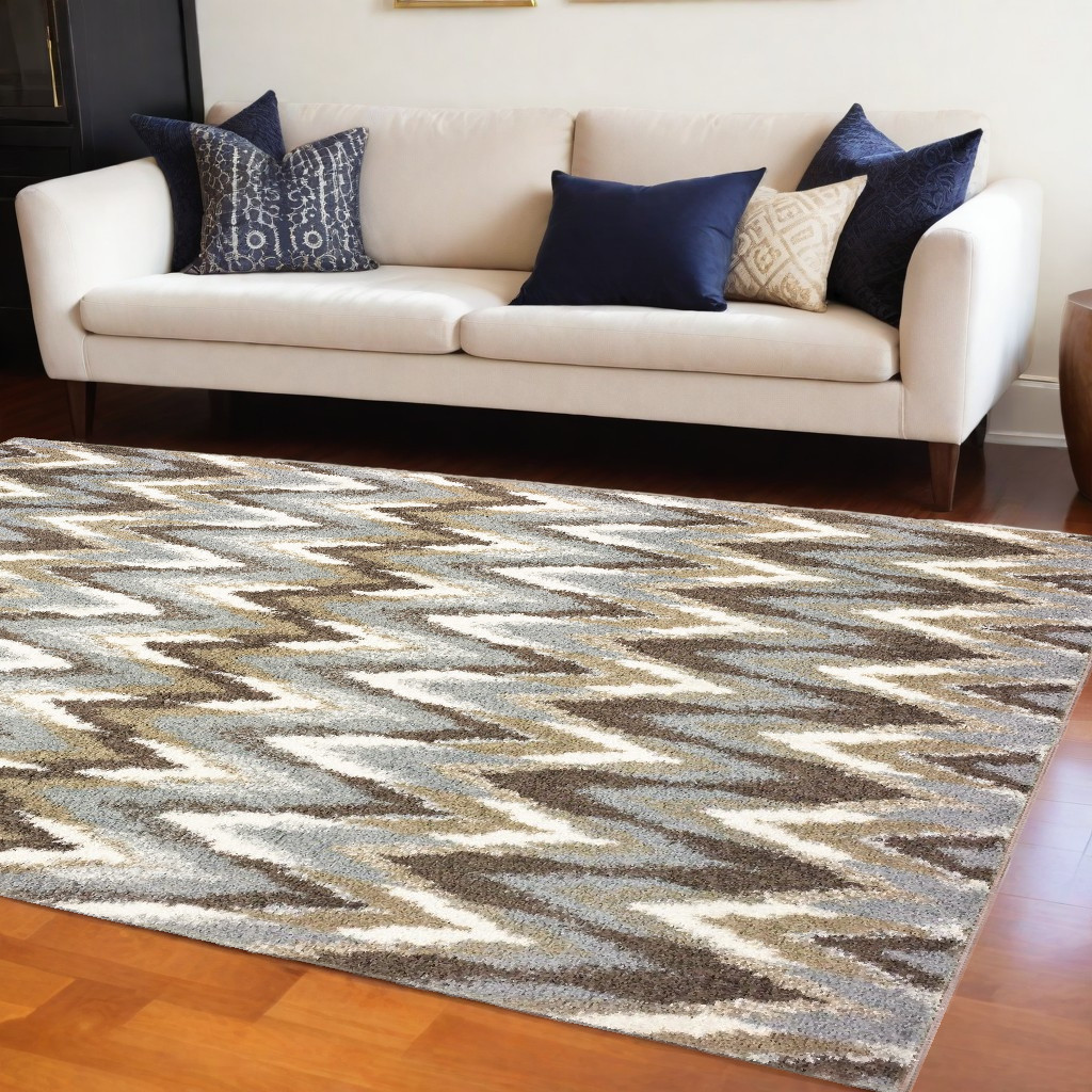 8" X 11" Gray And Taupe Ikat Pattern Area Rug