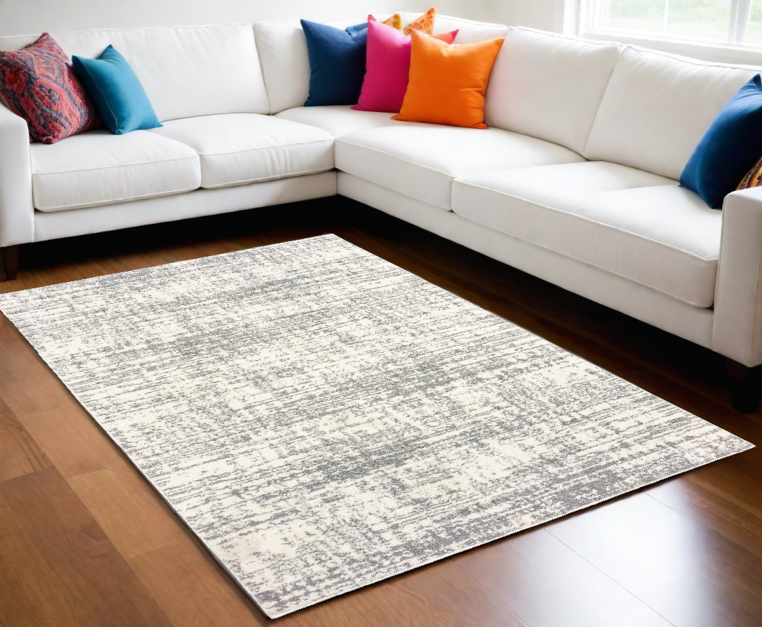 8" X 11" Ivory And Gray Abstract Strokes Area Rug