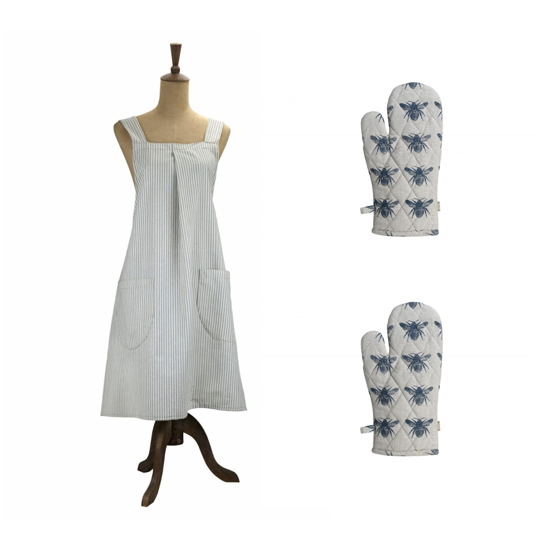 Set of Periwinkle Striped Apron and Oven Gloves