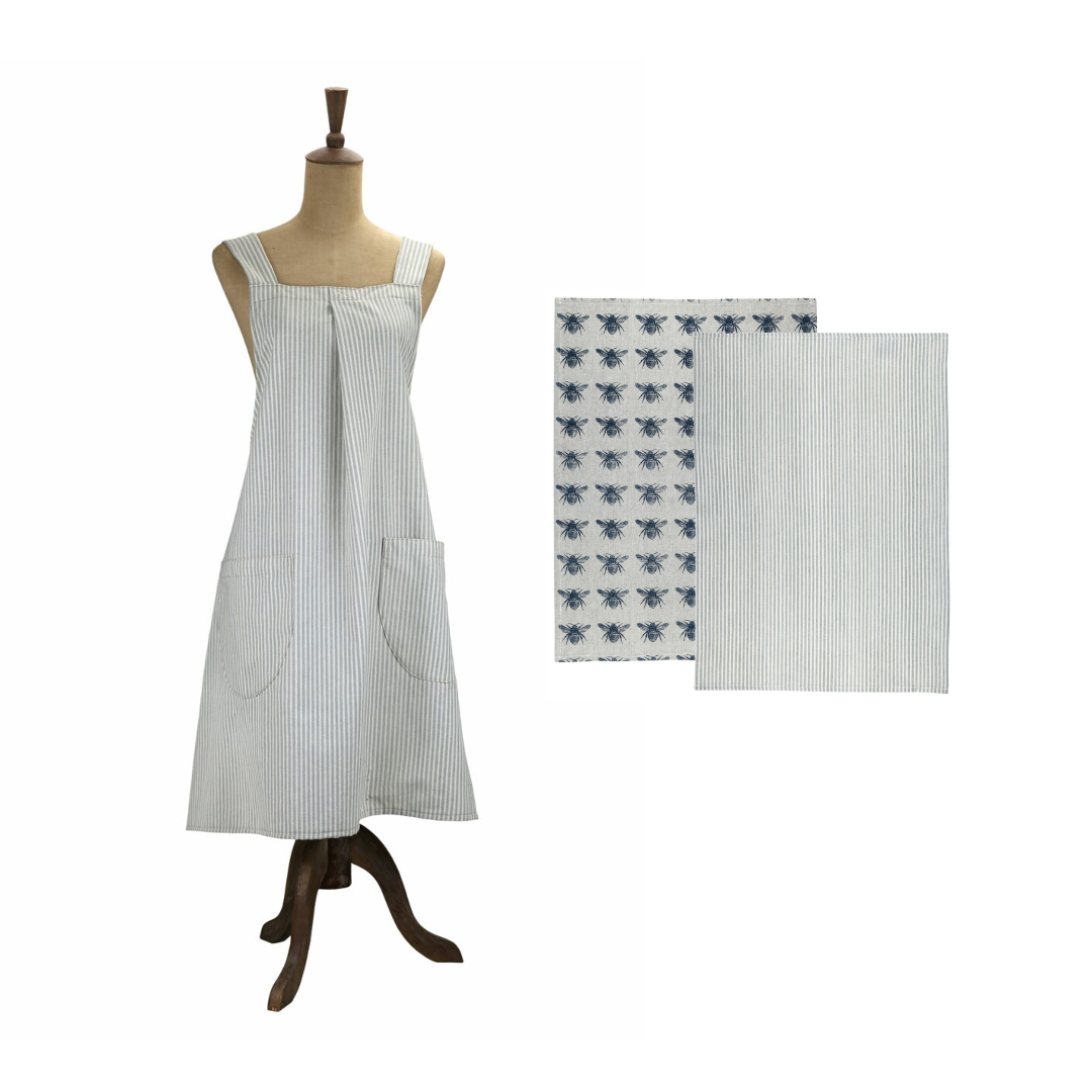Set of Periwinkle Striped Apron with Two Tea Towels