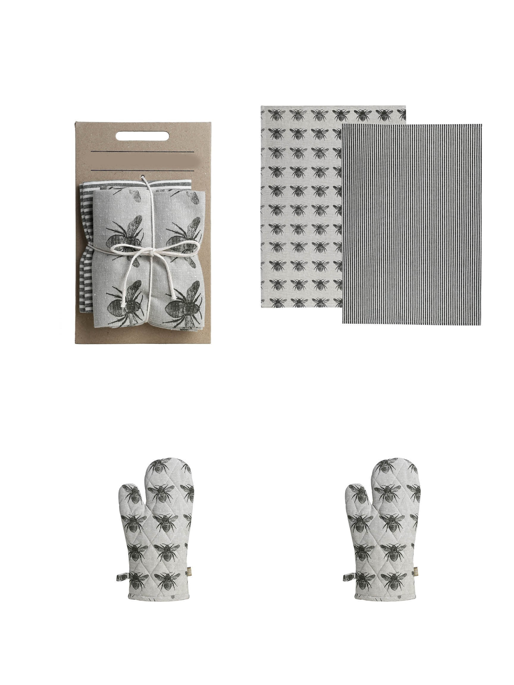 Set Of Two Tea Towels With Dark Green Bumble Bee Oven Gloves