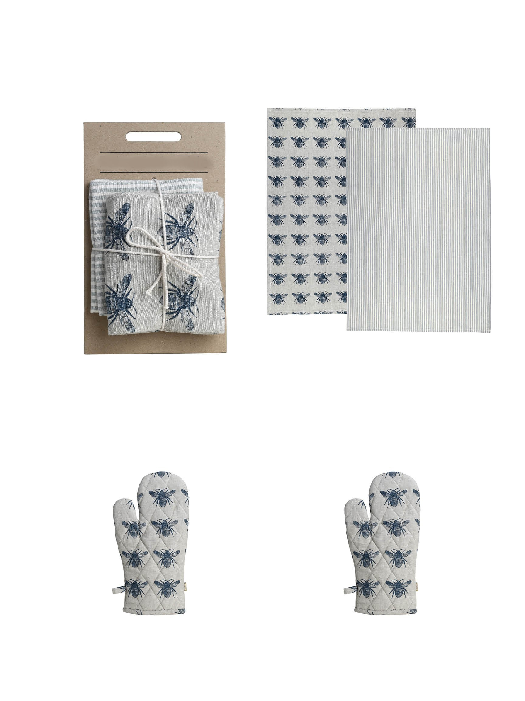 Set of Two Tea Towels with Navy Blue Bumble Bee Oven Gloves