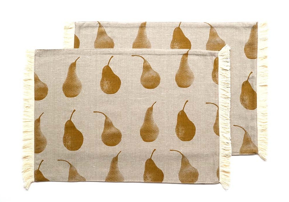 Set of Four Yellow Pear Pattern Placemats and Four Matching Napkins