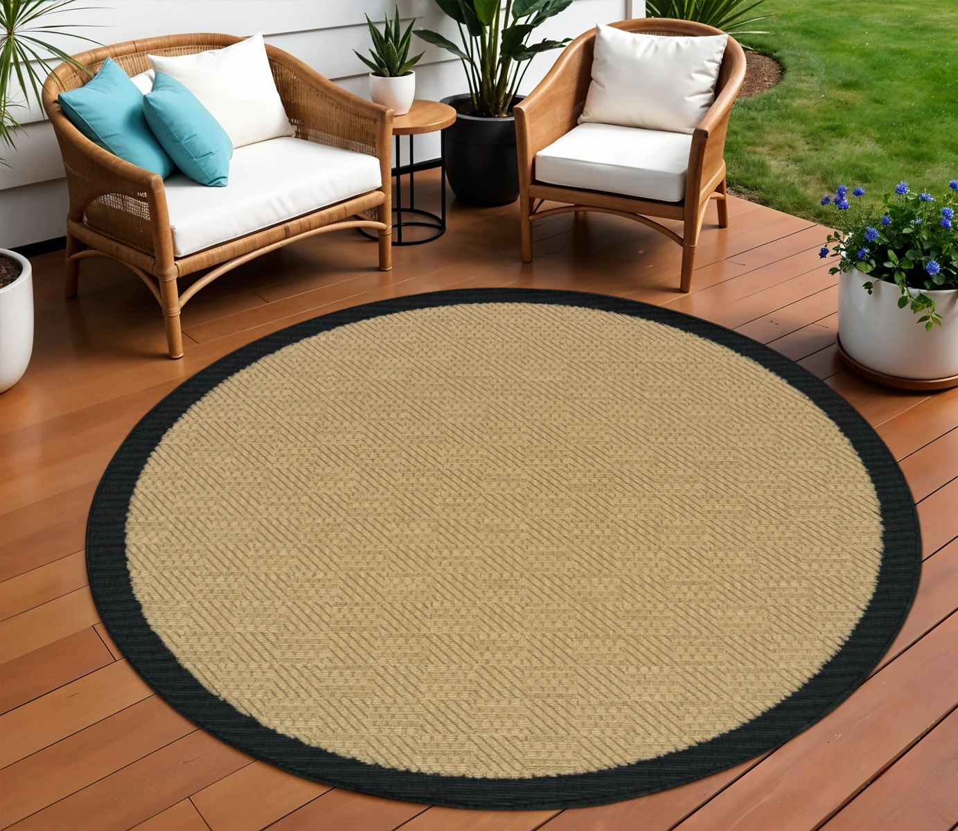 8' X 8' Beige And Black Round Indoor Outdoor Area Rug-389503-1