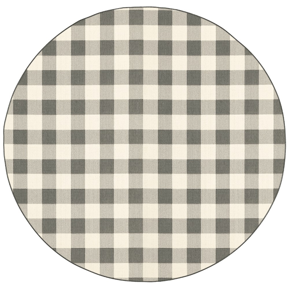8' Round Gray and Ivory Round Gingham Stain Resistant Indoor Outdoor Area Rug-389529-1