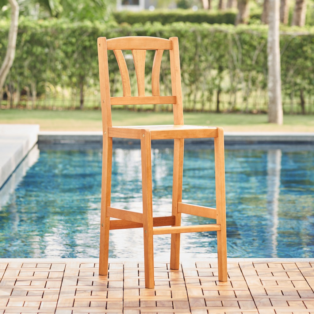 48" Natural Eucalyptus Slat Wood Outdoor Bar Chair