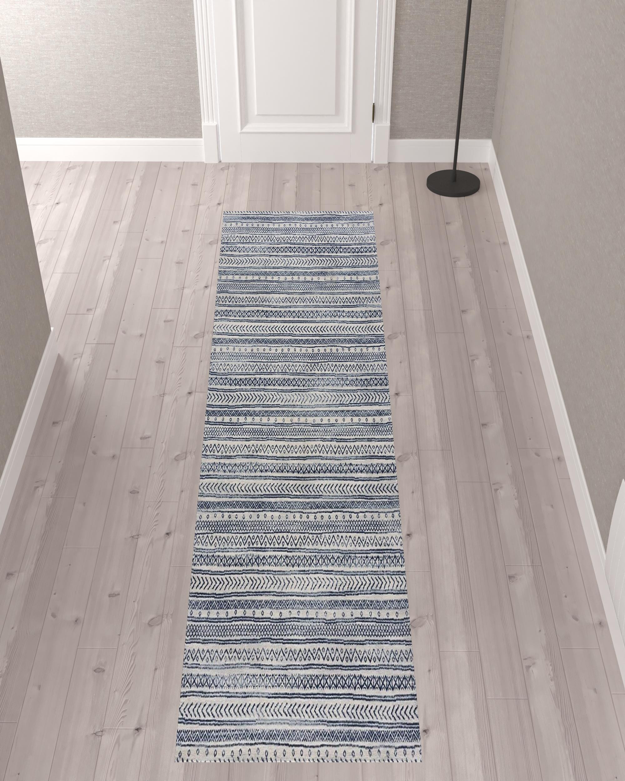 2" X 10" Navy Blue Decorative Stripes Runner Rug