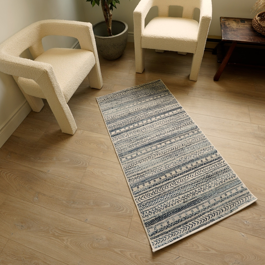 2" X 10" Navy Blue Decorative Stripes Runner Rug