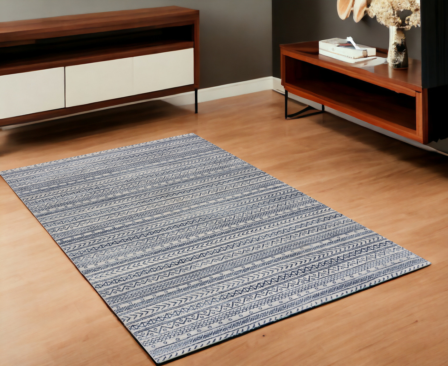 4’ X 6’ Navy Blue Decorative Stripes Area Rug-390070-1