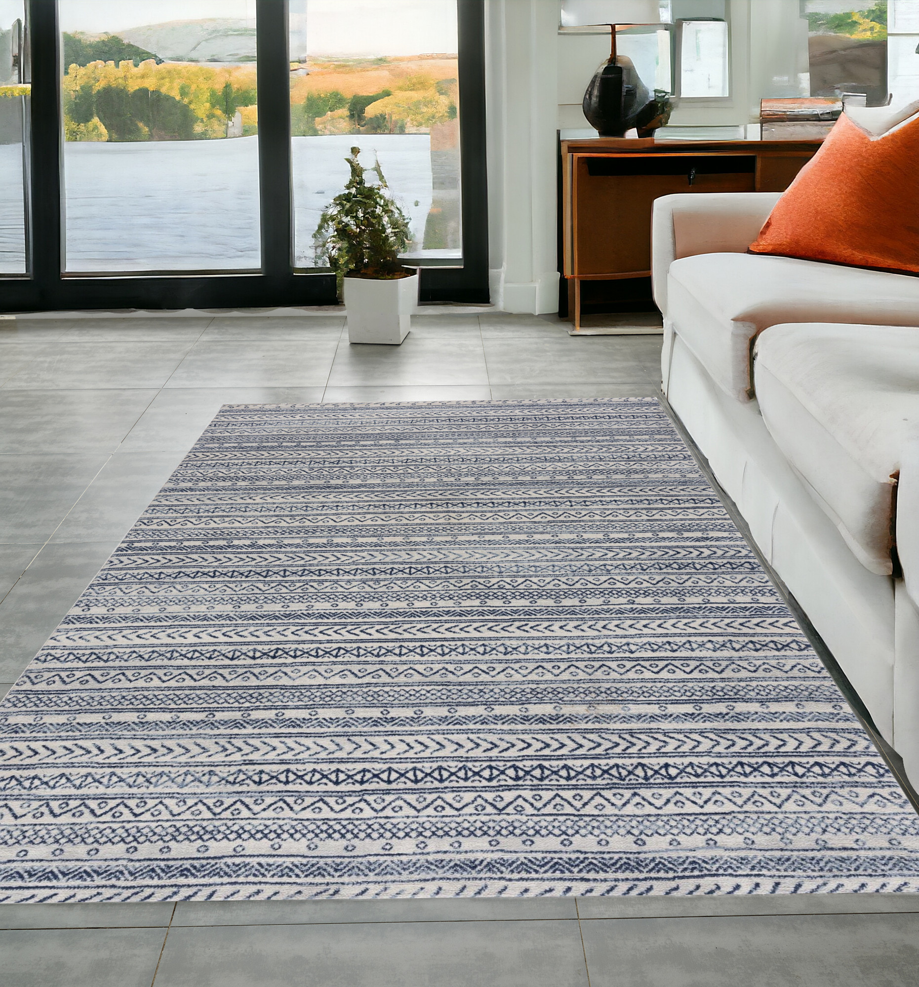 5" X 8" Navy Blue Decorative Stripes Area Rug