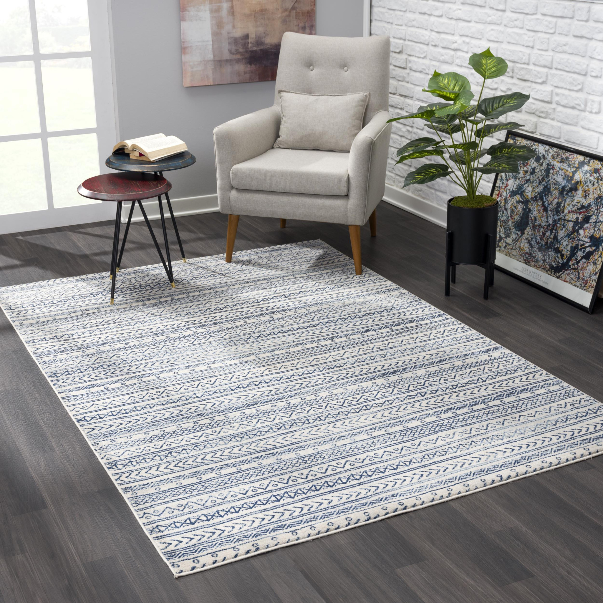 8 X 11 Navy Blue Decorative Stripes Area Rug