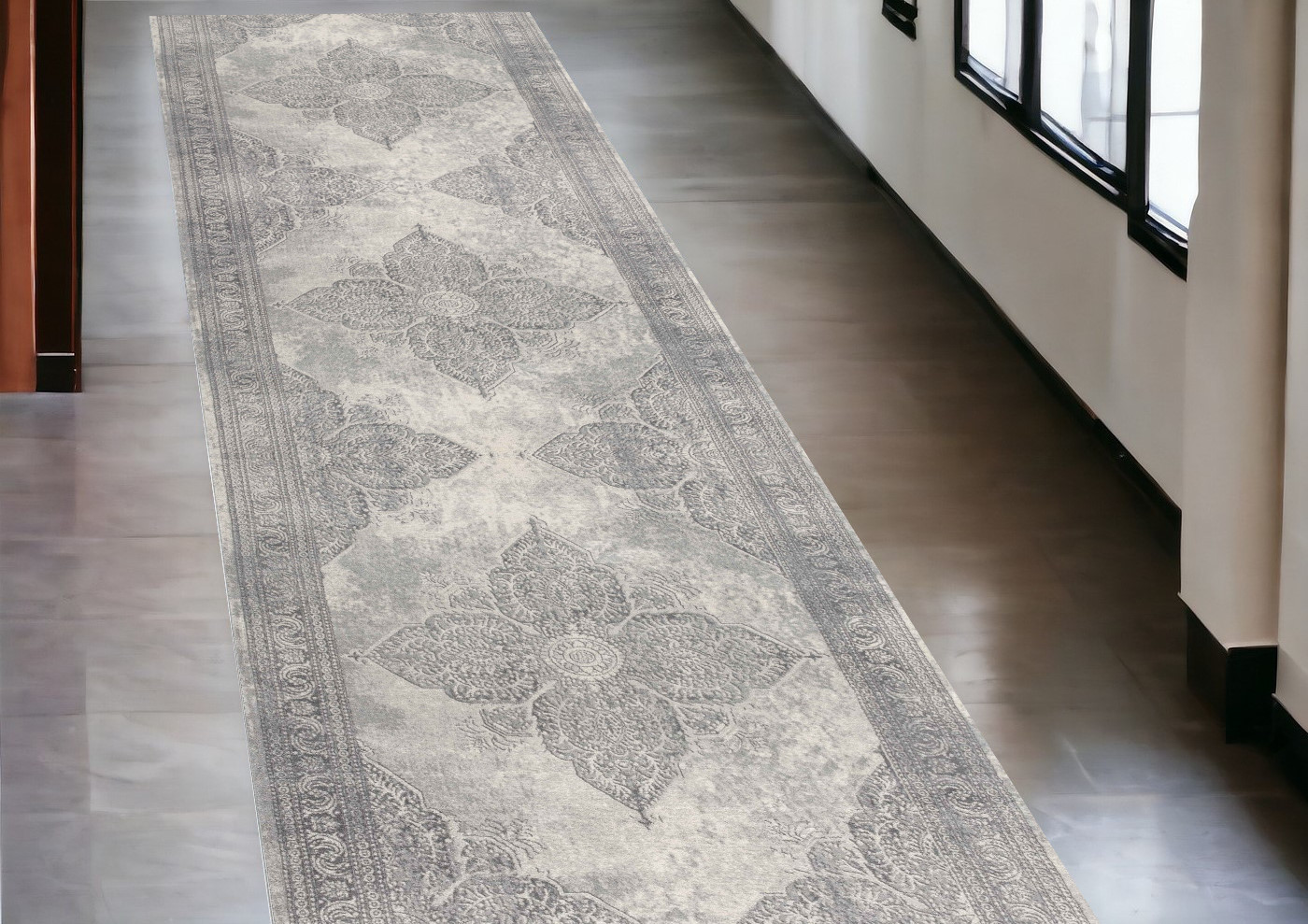 2’ X 10’ Gray Distressed Medallion Runner Rug-390073-1