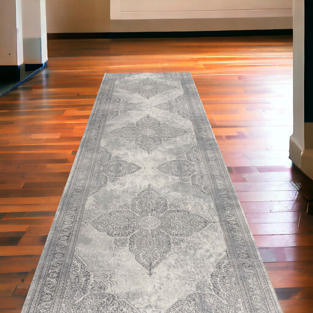 2’ X 13’ Gray Distressed Medallion Runner Rug-390075-1