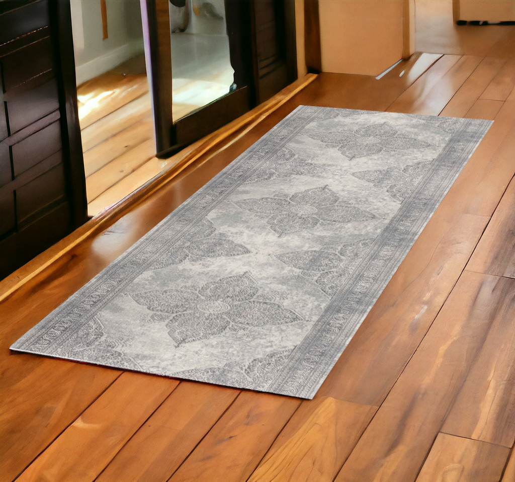 2’ X 6’ Gray Distressed Medallion Area Rug-390083-1