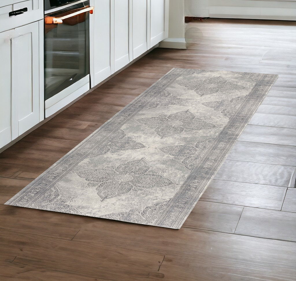 2’ X 8’ Gray Distressed Medallion Runner Rug-390084-1