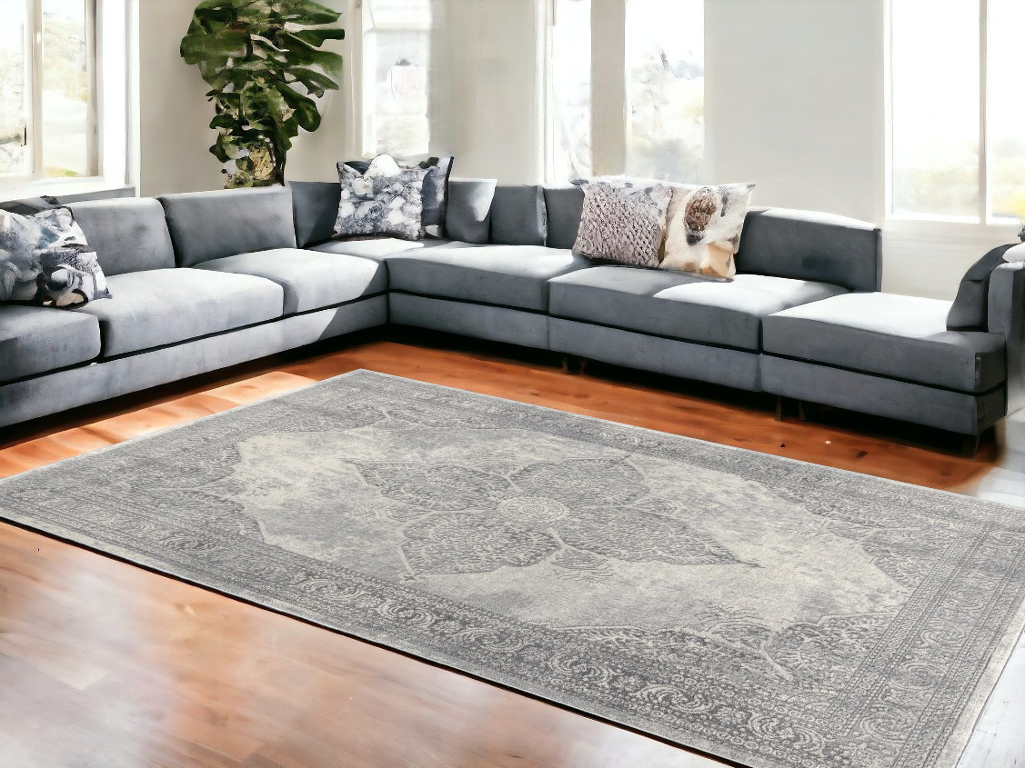 8’ X 11’ Gray Distressed Medallion Area Rug-390087-1