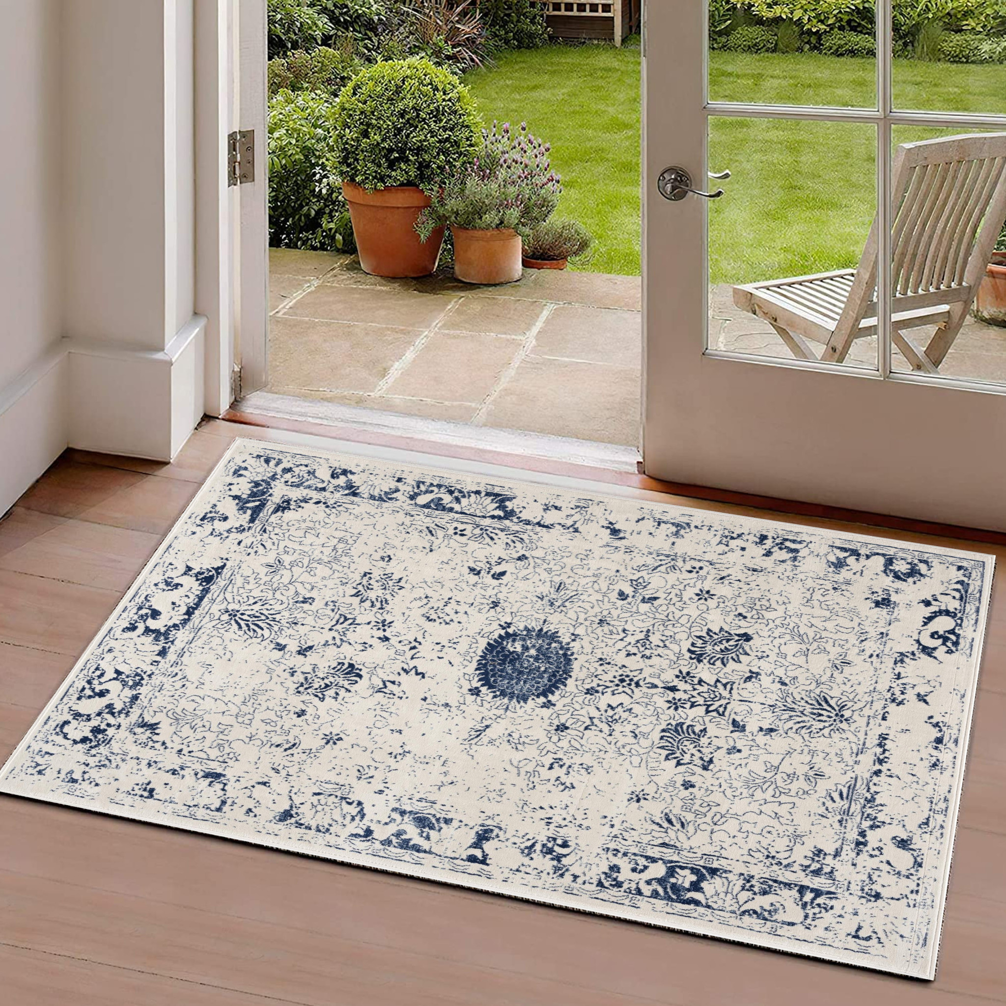 2" X 3" Navy Blue Distressed Floral Scatter Rug