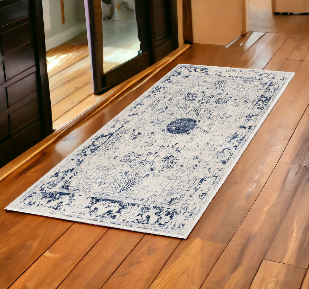 2’ X 5’ Navy Blue Distressed Floral Area Rug-390141-1