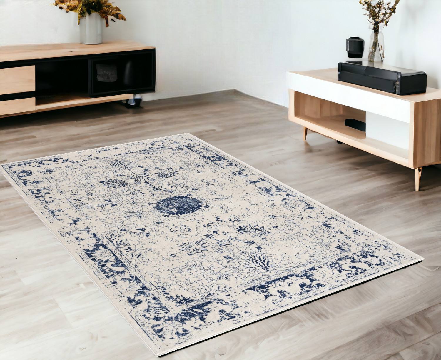 4" X 6" Navy Blue Distressed Floral Area Rug