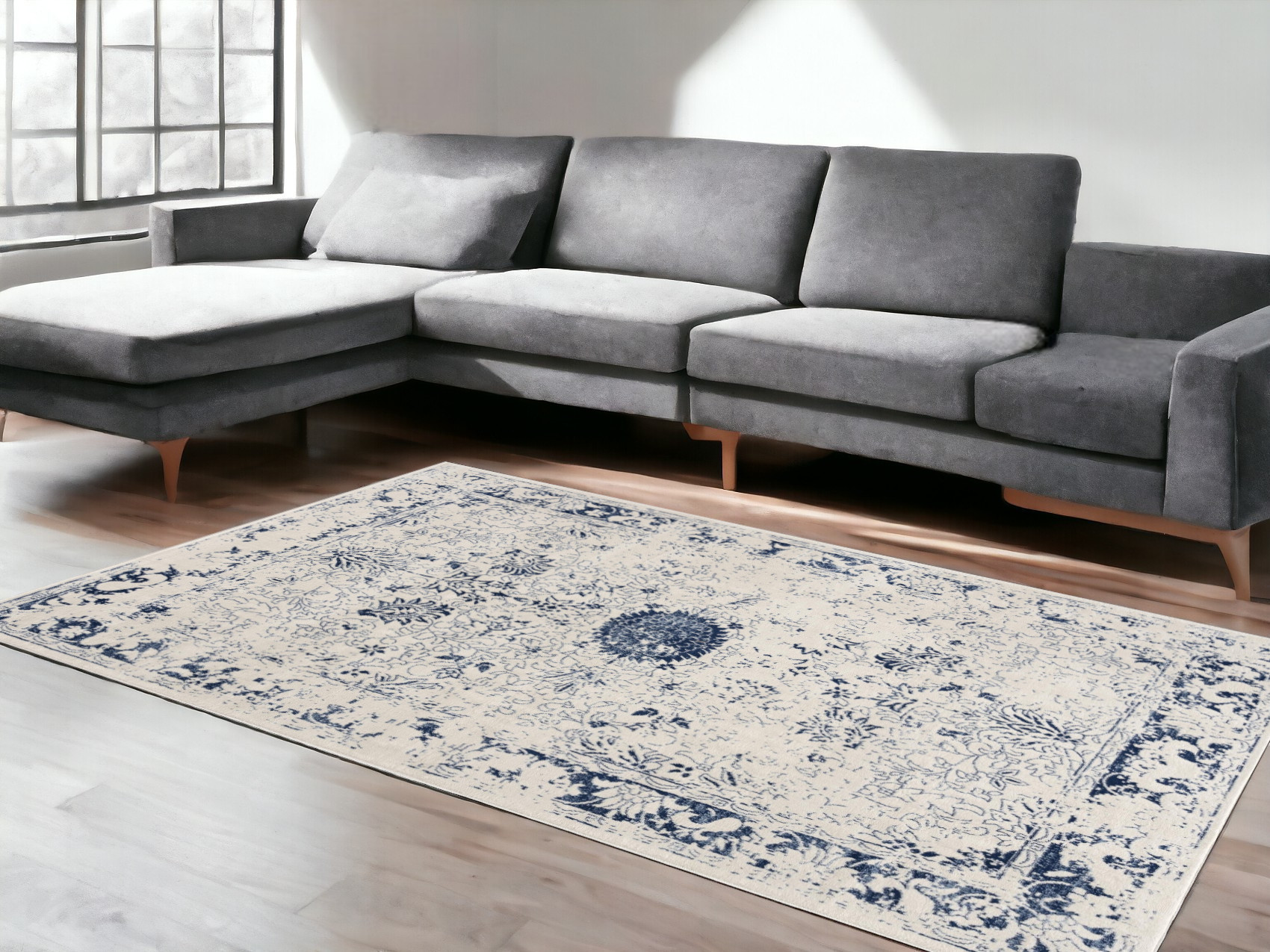 5" X 8" Navy Blue Distressed Floral Area Rug