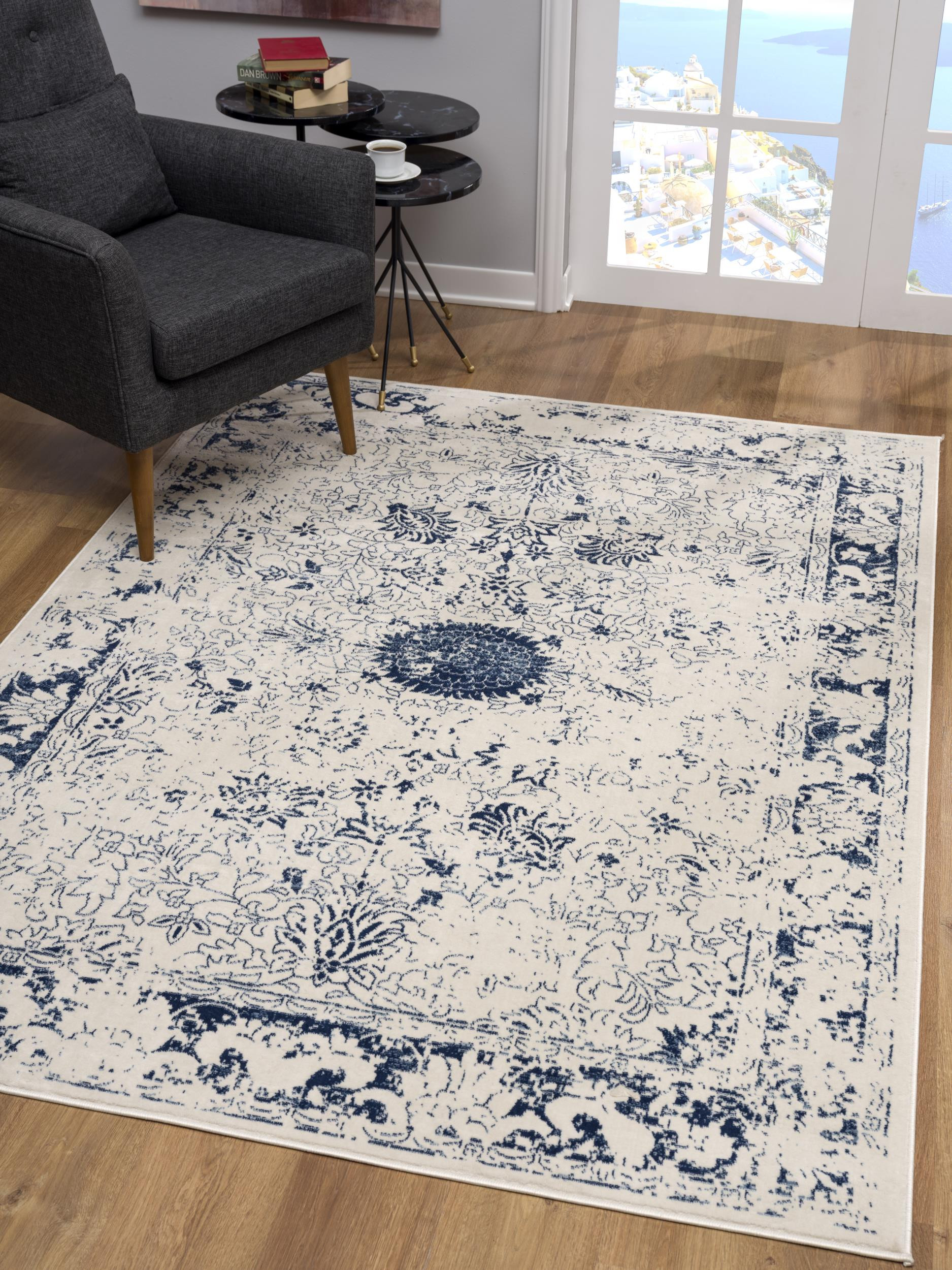 8" X 11" Navy Blue Distressed Floral Area Rug